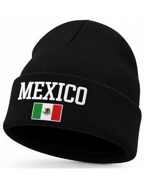 Fleece Lined Mexico Beanie Hat, Black
